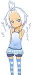  1girl alternate_costume blue_eyes blush dress frown fukurou_(owl222) gym_leader hair_ornament hairclip highres homika_(pokemon) long_image minidress pokemon pokemon_(game) pokemon_bw2 short_dress shorts simple_background solo striped striped_legwear tall_image topknot white_background white_hair 