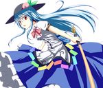  bad_id bad_pixiv_id blue_hair bow daba food fruit hat highres hinanawi_tenshi leaf long_hair long_skirt open_mouth peach puffy_sleeves red_eyes short_sleeves skirt solo sword sword_of_hisou touhou very_long_hair weapon 