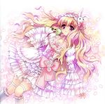  absurdres blonde_hair breasts bunny carnelian cleavage copyright_request flower frilled_sleeves frills garters hair_ornament hairband highres lolita_fashion lolita_hairband lying medium_breasts petals pink purple_eyes ribbon rose sleeves_past_wrists solo sweet_lolita thighhighs white_flower white_legwear white_rose wide_sleeves 