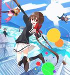  a_(kyousougiga) bad_id bad_pixiv_id black_legwear bow brown_hair hair_bow hammer hao_(patinnko) jumping koto_(kyousougiga) kyousougiga long_hair ponytail red_eyes rooftop school_uniform serafuku skirt solo stuffed_toy un_(kyousougiga) weapon 