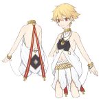  1boy blonde_hair bracelet child_gilgamesh citron_82 earrings fate/grand_order fate_(series) gilgamesh jewelry looking_at_viewer male_focus midriff navel red_eyes solo 