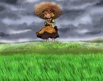  aki_minoriko apron blonde_hair cloud grass hat long_skirt long_sleeves onikobe_rin rain short_hair skirt smile solo touhou umbrella wide_sleeves wind 