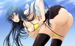  bikini black_legwear blue_hair blush censored day isse leaning_forward long_hair looking_back original purple_eyes pussy school_uniform skirt sky solo swimsuit thighhighs 