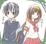  ahoge ajimu_najimi armband black_hair brown_eyes brown_hair hair_ribbon hairband hand_holding kumagawa_misogi long_hair lowres medaka_box ribbon school_uniform serafuku translated translation_request uniform 