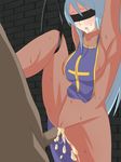  1girl anal aozora_soda arms_up blindfold blue_hair blush bodysuit breasts cameltoe censored chunsoft clothed_sex cross cum cum_in_ass dragon_quest dragon_quest_iii enix highres open_mouth penis priest_(dq3) saliva sex strap sweat thighs 