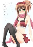  blush breasts brown_hair cosplay green_eyes kikyou_(kiss-shot) kunihiro_hajime kunihiro_hajime_(cosplay) large_breasts matsumi_yuu no_bra ponytail revealing_clothes ribbon saki saki_achiga-hen scarf solo thighhighs 