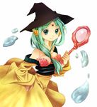 aqua_eyes aqua_hair bare_shoulders between_breasts breasts hat jewelry long_hair looking_at_viewer magi_the_labyrinth_of_magic magic medium_breasts off_shoulder robe shell shell_bikini simple_background smile solo staff tachibana_beni water white_background witch_hat yamuraiha 