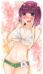  aoshima blush breasts cleavage crop_top flower front-tie_top groin hands_on_own_face hieda_no_akyuu highres huge_breasts navel no_panties open_mouth purple_eyes purple_hair shirt short_hair short_shorts shorts smile solo thigh_gap tied_shirt touhou underboob 