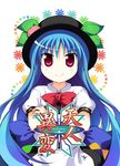  blue_hair bow crossed_arms food fruit hat hinanawi_tenshi leaf long_hair mitamano peach puffy_sleeves red_eyes short_sleeves smile solo touhou very_long_hair 