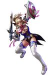  absurdres blonde_hair boots breasts cassandra_alexandra cleavage duplicate green_eyes highres kawano_takuji large_breasts long_hair necktie official_art pink_neckwear ponytail shield solo soulcalibur soulcalibur_iv sword thigh_boots thighhighs weapon 