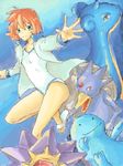  blue_background blue_eyes gen_1_pokemon gen_2_pokemon golduck jacket kasumi_(pokemon) lapras one-piece_swimsuit orange_hair pokemon pokemon_(creature) pokemon_(game) pokemon_hgss quagsire sandals short_hair smile starmie swimsuit tegaki 