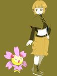  belt boots capelet cherrim gen_4_pokemon green_background green_capelet green_footwear hand_on_hip midriff natane_(pokemon) navel orange_hair pokemon pokemon_(creature) pokemon_(game) pokemon_dppt short_hair shorts simple_background smile tegaki 