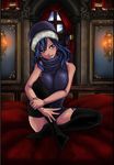  bed blue_eyes blue_hair breasts fairy_tail hat juvia_loxar large_breasts mashima_hiro smile socks tattoo thighhighs thighs 