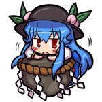  blue_hair blush eruru_(erl) food fruit hat hinanawi_tenshi keystone leaf long_hair open_mouth peach puffy_sleeves red_eyes rock rope short_sleeves solo touhou white_background 