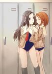  closed_eyes hair_kiss jason_(kaiten_kussaku_kikou) long_hair multiple_girls one-piece_swimsuit original smile swimsuit uniform yuri 