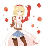 alice_margatroid backpack bag belt black_legwear blonde_hair blue_eyes coat cosplay gloves hairband hbkhk2007 highres red_cross red_gloves red_neckwear short_hair solo suspenders team_fortress_2 the_medic the_medic_(cosplay) thighhighs touhou 