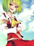  ascot cloud collarbone grass green_hair highres kazami_yuuka long_sleeves open_mouth orange_eyes puffy_sleeves short_hair sky sneer solo standing touhou ume_furikake 