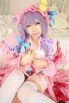  1girl asian cosplay crescent dress female hat long_hair patchouli_knowledge photo purple_hair solo tenshi_myu touhou 