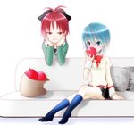  apple bad_id bad_pixiv_id bag blue_eyes blue_hair blush bow couch eating food fruit mahou_shoujo_madoka_magica miki_sayaka multiple_girls p9 pillow red_eyes red_hair sakura_kyouko school_uniform sitting skirt smile socks susisasimi sweater 