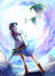  bad_id bad_pixiv_id blue_hair bow cloud cross-laced_footwear food fruit hat hinanawi_tenshi keystone leaf littleb long_hair peach puffy_sleeves red_eyes rock short_sleeves sky smile solo touhou very_long_hair 