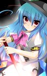  blue_hair bow eu_(unknown-me) hat hinanawi_tenshi leaf long_hair puffy_sleeves short_sleeves solo sword sword_of_hisou touhou very_long_hair weapon 