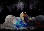  1boy coat crystal duke_pantarei elbow_gloves forest frills gloves long_hair nature night pants red_eyes star tales_of_(series) tales_of_vesperia tears white_hair 