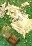 animal_ears bird birdcage blonde_hair book briefcase bunny bunny_ears cage closed_eyes clover corset dress four-leaf_clover hat inkwell leaf long_hair lying on_side open_book original parakeet quill sleeping solo takahashi_ryuunosuke top_hat 