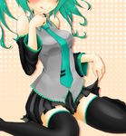  :q bad_id bad_pixiv_id breasts detached_sleeves finger_to_mouth green_hair hatsune_miku head_out_of_frame highres licking_lips medium_breasts namaco necktie sitting skirt skirt_lift solo thighhighs tongue tongue_out vocaloid wariza 