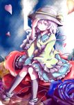  black_legwear blue_flower blue_rose blush boots collarbone eyeball flower frills hat hat_ribbon heart highres komeiji_koishi long_sleeves one_eye_closed petals red_flower red_rose ribbon rose short_hair silver_eyes silver_hair sitting skirt smile socks solo takatsuki_akira third_eye touhou water wide_sleeves yellow_flower yellow_rose 