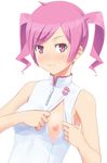  ahoge bare_shoulders blush breast_slip breasts digimon digimon_world_re:digitize dress highres looking_at_viewer medium_breasts nipples one_breast_out open_clothes open_mouth pink_eyes pink_hair rindou_akiho shougi_(116) smile solo transparent_background twintails white_background 