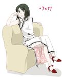  airi_h china_dress chinese_clothes couch crossdressing crossed_legs dress fate/zero fate_(series) green_eyes green_hair male_focus otoko_no_ko sitting solo sweatdrop waver_velvet 