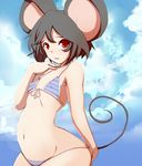  animal_ears bikini black_hair day dearmybrothers flat_chest groin highres looking_at_viewer mouse_ears mouse_tail nazrin open_mouth red_eyes short_hair solo striped striped_bikini swimsuit tail touhou wide_hips 