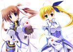  blonde_hair blue_eyes blush brown_hair endori feathers fingerless_gloves gloves green_eyes hair_ribbon heterochromia long_hair lyrical_nanoha magical_girl mahou_shoujo_lyrical_nanoha_strikers multiple_girls raising_heart red_eyes ribbon sacred_heart side_ponytail simple_background smile takamachi_nanoha twintails vivio white_background 