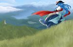  bad_id bad_pixiv_id blue_hair cloud crossed_arms day from_behind grass hat highres hill hinanawi_tenshi judo_fuu lake landscape long_hair mountain red_scarf scarf scenery skirt solo standing touhou 