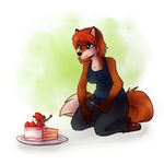  ambiguous_gender cake canine cute female food fork fox kneeling mammal mouse rodent size_difference strawberry surprise vellacraptor 