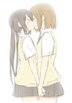  blush brown_hair closed_eyes hirasawa_yui k-on! long_hair lowres multiple_girls nakano_azusa picocopi sakuragaoka_high_school_uniform school_uniform short_hair simple_background skirt sweater_vest white_background yuri 