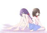  araragi_karen araragi_karen_(cosplay) ascot back-to-back barefoot blue_eyes brown_eyes brown_hair casual cosplay gnosis_(ylyk) legs long_hair long_legs looking_at_viewer midriff monogatari_(series) multiple_girls nisemonogatari purple_hair sengoku_nadeko senjougahara_hitagi skirt 