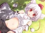  animal_ears bare_shoulders belly blush breasts detached_sleeves groin hat highres inubashiri_momiji lzh medium_breasts navel no_panties pom_pom_(clothes) red_eyes short_hair silver_hair skirt solo tokin_hat touhou white_hair wolf_ears 