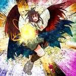  arm_cannon bad_id bad_pixiv_id bird_wings bow brown_hair cape clenched_hands hair_bow highres itomugi-kun komeiji_satori long_hair miniskirt multiple_girls open_mouth puffy_sleeves radiation_symbol red_eyes reiuji_utsuho short_sleeves silhouette skirt symbol-shaped_pupils touhou weapon wings 