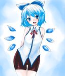  alternate_costume arms_behind_back bare_shoulders bike_shorts blue_eyes blue_hair blush bow cirno detached_wings hair_bow han_(jackpot) ice ice_wings open_mouth ribbon short_hair sleeveless smile solo thigh_gap touhou wings 