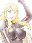  adette_kistler blonde_hair bodysuit breasts green_eyes large_breasts lips long_hair mole overman_king_gainer raised_fist sketch smile solo ueyama_michirou upper_body white_background 