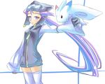  1girl bad_id bad_pixiv_id character_request gloves goggles goggles_on_head gym_leader holding hood hoodie kunno long_hair nagi_(pokemon) outstretched_arm pokemon pokemon_(game) pokemon_rse purple_eyes purple_hair thighhighs very_long_hair zettai_ryouiki 