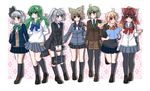  alternate_costume bag black_legwear blonde_hair blue_eyes blush braid brown_eyes brown_hair cardigan detached_sleeves digital_media_player frog_hair_ornament green_eyes green_hair grey_hair hair_ornament hair_tubes hakurei_reimu hinaco jacket kirisame_marisa kochiya_sanae konpaku_youmu long_hair mononobe_no_futo multiple_girls necktie no_hat no_headwear notebook open_mouth pantyhose ponytail red_eyes school_uniform short_hair silver_hair skirt smile socks soga_no_tojiko ten_desires touhou toyosatomimi_no_miko vest yellow_eyes 