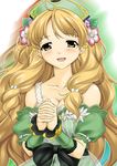  atelier_(series) atelier_ayesha ayesha_altugle bad_id bad_pixiv_id benimaru bow breasts brown_eyes brown_hair cleavage flower hair_flower hair_ornament hands_clasped hat large_breasts long_hair own_hands_together puffy_sleeves ribbon sidelocks smile solo 
