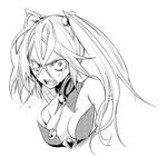  angry anri_airi bare_shoulders breasts cleavage constricted_pupils crazy_eyes detached_collar fangs greyscale hair_between_eyes hair_bobbles hair_ornament mahou_shoujo_kazumi_magica mahou_shoujo_madoka_magica medium_breasts monochrome open_mouth ringed_eyes soul_gem spoon tears twintails upper_body ushiki_yoshitaka yuuri_(kazumi_magica) 