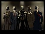  batman batman_(series) cape coat detective doctor_who fedora hat looking_at_viewer mask multiple_boys pipe rorschach serious sherlock_holmes standing the_adventures_of_sherlock_holmes the_question the_spirit trench_coat watchmen 
