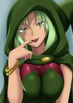  bracelet breasts cleavage fangs finger_to_mouth fingernails fuuma_nagi green_eyes green_hair highres jewelry large_breasts lipstick looking_at_viewer majorina makeup precure saliva sharp_fingernails smile_precure! solo tongue 