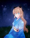  blind blonde_hair blue_eyes hair_ribbon highres japanese_clothes katawa_shoujo kimono long_hair obi ponytail ribbon sash satou_lilly sitting sky solo star_(sky) starry_sky tusia 