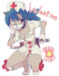  bandages blue_hair body_blush breasts character_name cleavage copyright_name eyepatch flats gloves hat medium_breasts nurse nurse_cap pale_skin ponytail rawan red_eyes saw simple_background skullgirls solo squatting surgical_mask valentine_(skullgirls) weapon white_background white_gloves 