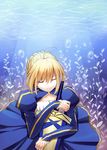  ahoge artoria_pendragon_(all) avalon_(fate/stay_night) bad_id bad_pixiv_id blonde_hair caustics closed_eyes dress excalibur fate/zero fate_(series) pawnluoluo saber sheath sheathed sword underwater weapon 